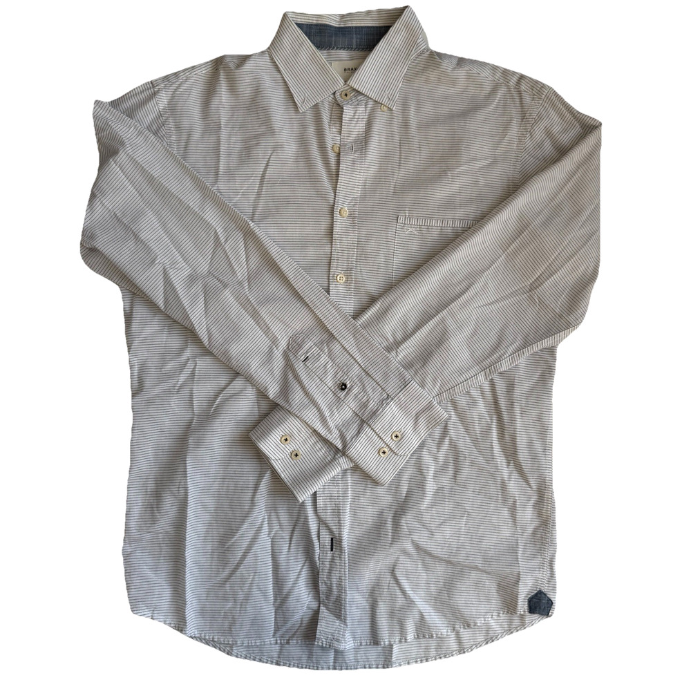 Brax Feel Good Slubyarn Shirt Men Medium Button Up Gray Long Sleeve Linen Cotton